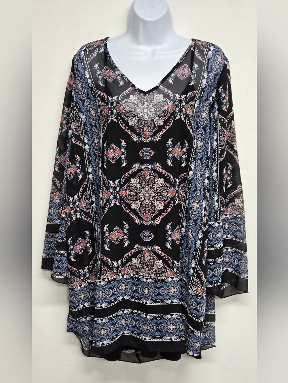 Bailey Blue XL Top Blouse Connected Cami & Sheer Overlay Paisley Boho